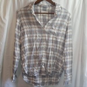 Treasure & Bond White Plaid Button Down Shirt Blue Yellow Soft Pocket Boyfriend